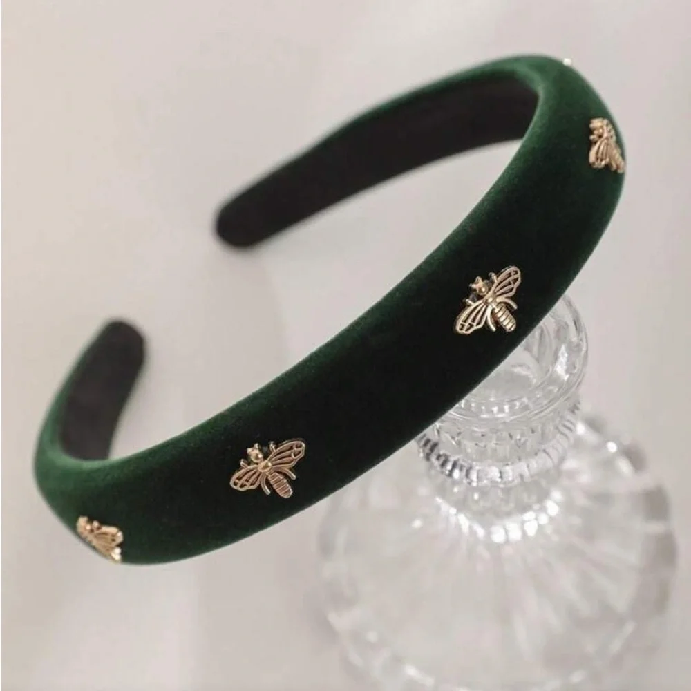 Elegant Green Velvet Headband with Gold‎ Bee Accents